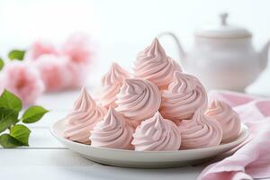 pequeno Rosa merengues dentro uma branco prato. doce Barra foto