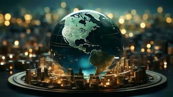 gerado por IA planeta terra globo dentro uma vidro bola esfera, mundo integração e internacional comércio conceito, fundo foto
