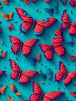 3d desatado padrão, borboletas cor fundo espalhados colorida borboleta. ai gerado. foto