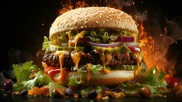 gerado por IA delicioso grande hamburguer com carne carne hambúrgueres e queijo foto