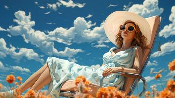gerado por IA lindo mulher dentro oculos de sol e chapéu sentado dentro uma Sol espreguiçadeira em uma ensolarado dia em a de praia foto