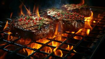 gerado por IA delicioso carne frito bifes em a grade cozinhou em fogo foto