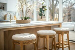 uma cozinha com três Barra fezes fez do rattan e uma vaso do flores em a contador. uma moderno e à moda interior com uma toque do natural elementos. ai gerado ilustração. foto