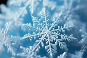 uma de seis lados floco de neve contra uma sereno azul fundo, uma detalhado fechar-se visualizar. símbolo do da natureza beleza, da vida fragilidade, e a vastidão do a universo. ai gerado. foto