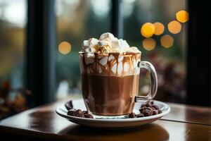 uma copo do quente Castanho chocolate com açoitado creme e fofo marshmallows em topo do a caneca. símbolo do conforto e a Doçura do vida. ai gerado. foto