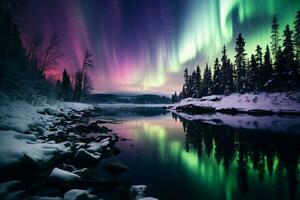 vibrante exibição do a aurora boreal dentro a noite céu, exibindo uma misturar do verde, tolet, Rosa e de outros cores. uma hipnotizante natural fenômeno predominantemente visto dentro alta latitude. ai gerado. foto