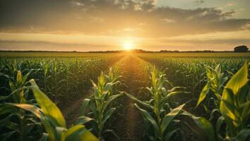 panorama Visão do campo panorama com milho campo, lindo milho campo dentro pôr do sol. ai generativo foto