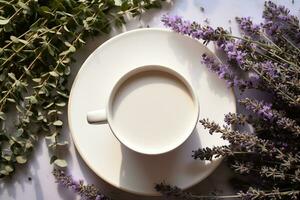 topo Visão do uma branco porcelana leite copo em pé em uma branco pires entre seco alpino ervas do selvagem Tomilho e lavanda. inspira pensamentos do alegria, simples prazeres e criatividade. ai gerado. foto