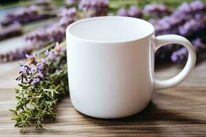 simples branco caneca adornado com roxa flores em uma caloroso de madeira mesa, evocando tranquilidade e a alegria do da vida simples prazeres. ai gerado. foto