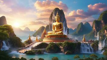 grande Buda estátua carrinhos cercado de a temor inspirador beleza do a montanhas com tarde luz solar. ai generativo foto