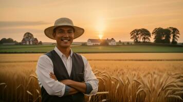 uma agricultor homem em pé em uma trigo Relva campo. generativo ai foto