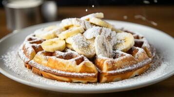 uma solteiro waffle com fatiado bananas e uma varredura do Pancada foto