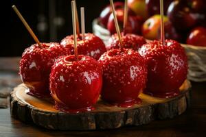 delicioso envidraçado vermelho caramelo doce maçãs em Gravetos foto