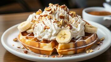 uma fechar-se do uma waffle com fatiado bananas e açoitado foto