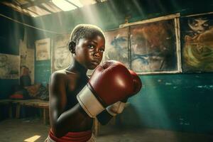 Preto criança dentro boxe pose. gerar ai foto