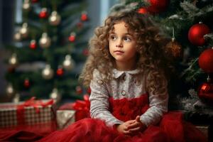 pequeno fofa menina sentado perto Natal árvore. gerar ai foto