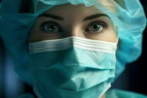 fêmea cirurgião dentro mascarar fechar-se cirurgia. gerar ai foto