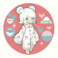 fofa kawaii chibi animê menina adesivo vestindo pijama simples colorida fundo foto