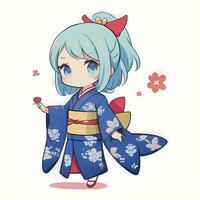 fofa kawaii chibi animê menina adesivo fofa japonês yukata quimono simples colorida fundo foto