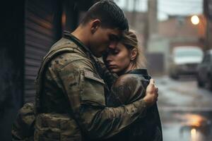 militares soldado abraçando dele esposa. generativo ai foto