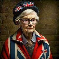 idosos britânico mulher com União jack bandeira, generativo ai foto