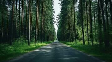 floresta com alta árvores estrada dentro a Centro ai generativo foto