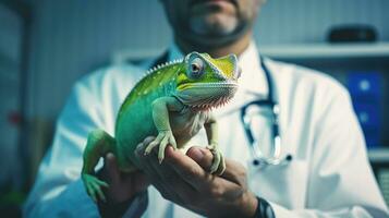 veterinário clínica para exótico animais. camaleão dentro a mãos do uma veterinário. ai generativo foto