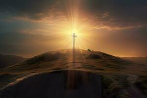 a Cruz do Deus dentro a raios do a Sol. Cruz em a colina. religioso conceito. ai generativo foto