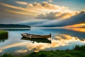 uma barco senta em a costa do uma lago às pôr do sol. gerado por IA foto