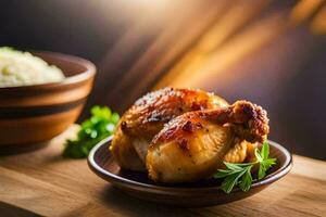uma prato do frango e arroz em uma de madeira mesa. gerado por IA foto