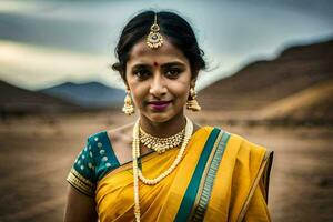 uma mulher dentro uma amarelo sari com ouro joia. gerado por IA foto