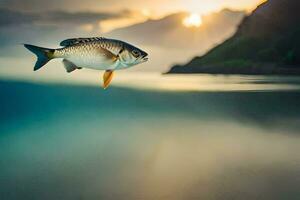 uma peixe é vôo sobre a oceano às pôr do sol. gerado por IA foto