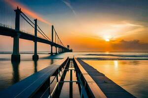 uma ponte sobre a oceano às pôr do sol. gerado por IA foto