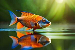 uma peixe com brilhante laranja e azul olhos é refletido dentro a água. gerado por IA foto