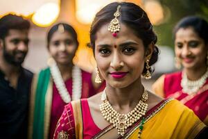 uma mulher dentro tradicional indiano vestuário poses para uma foto. gerado por IA foto