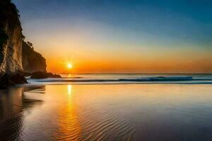 a Sol conjuntos sobre a oceano e uma de praia. gerado por IA foto