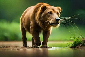 uma leão caminhando através uma campo com grama. gerado por IA foto