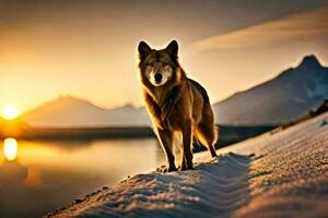 uma cachorro é em pé em a neve às pôr do sol. gerado por IA foto