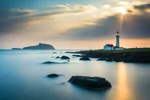 uma farol senta em a costa do uma corpo do água. gerado por IA foto