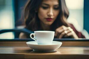 uma mulher sentado às uma mesa com uma copo do café. gerado por IA foto