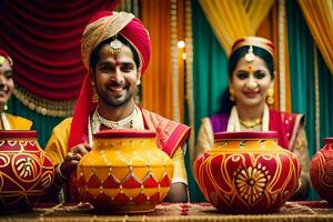 uma casal dentro tradicional indiano vestuário segurando potes. gerado por IA foto