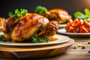 uma prato do frango com legumes e tomates. gerado por IA foto