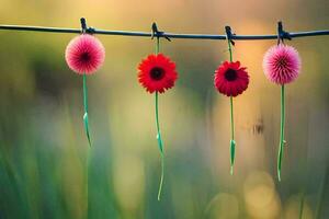 quatro vermelho flores suspensão a partir de uma arame. gerado por IA foto