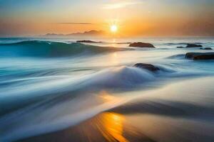 a Sol sobe sobre a oceano dentro isto grandes exposição fotografia. gerado por IA foto