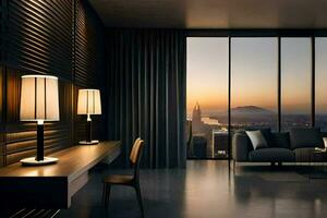 uma moderno vivo quarto com uma Visão do a cidade. gerado por IA foto