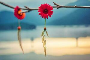 dois vermelho flores suspensão a partir de uma ramo perto uma lago. gerado por IA foto