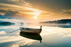 uma barco é flutuando em uma lago às pôr do sol. gerado por IA foto