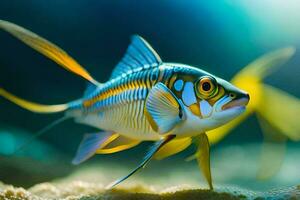 uma peixe com amarelo e azul listras natação dentro a oceano. gerado por IA foto