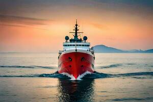 uma vermelho e branco barco dentro a oceano. gerado por IA foto