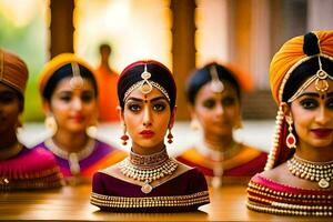 indiano mulheres dentro tradicional vestuário pose para uma foto. gerado por IA foto